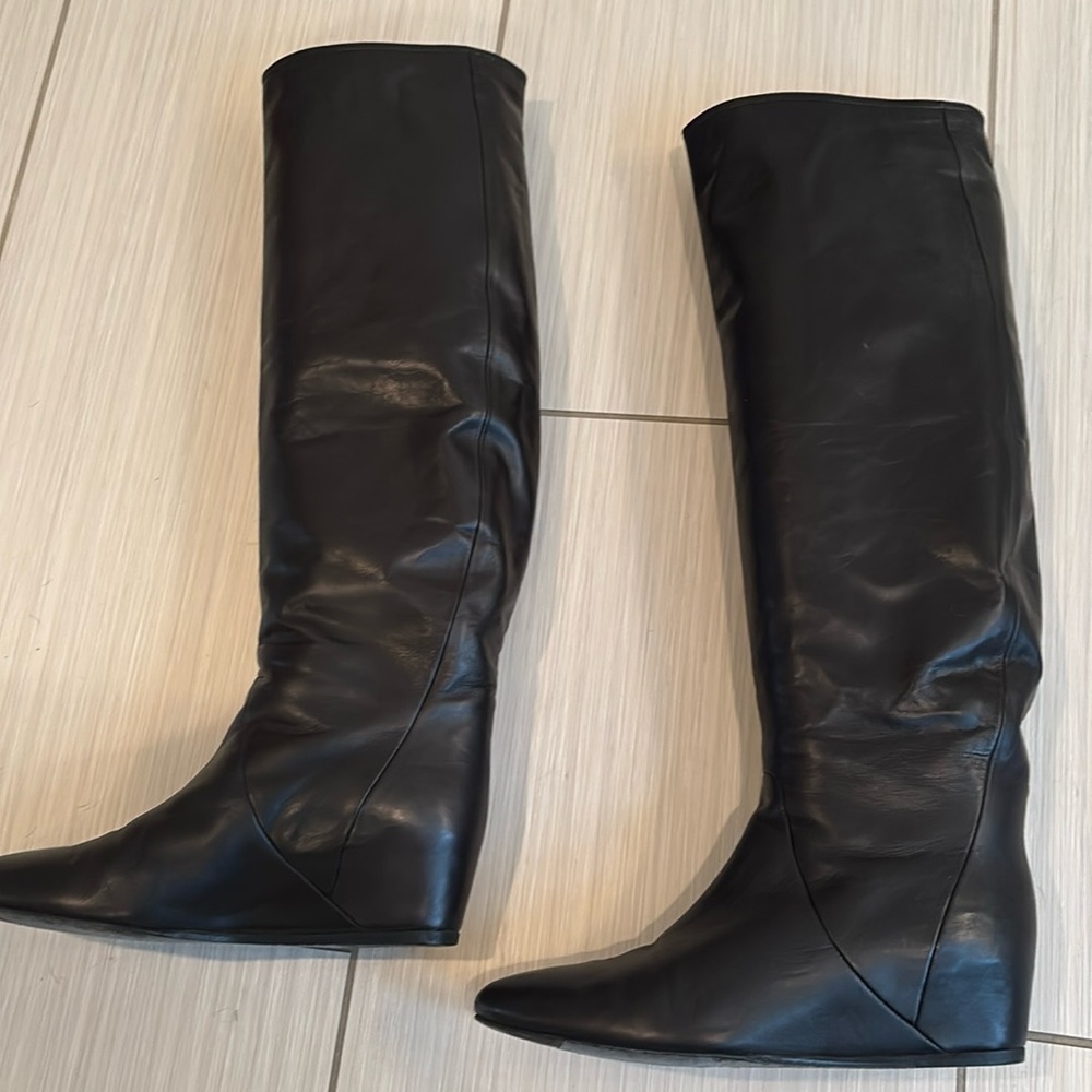 Lanvin low wedge black knee high leather boot